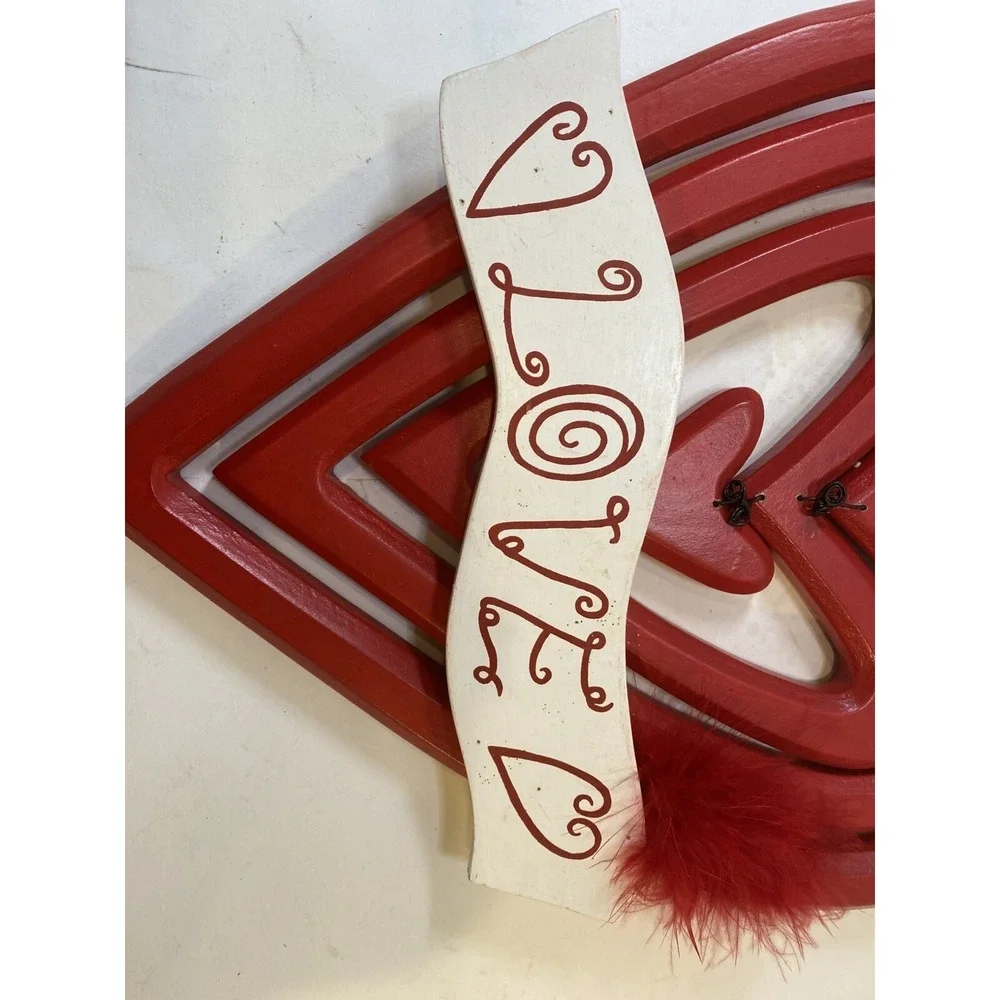 VALENTINE'S DAY HEARTS HANGER Door Wall Art SIGN Hanging Plaque w/feather accent - Picture 2 of 7